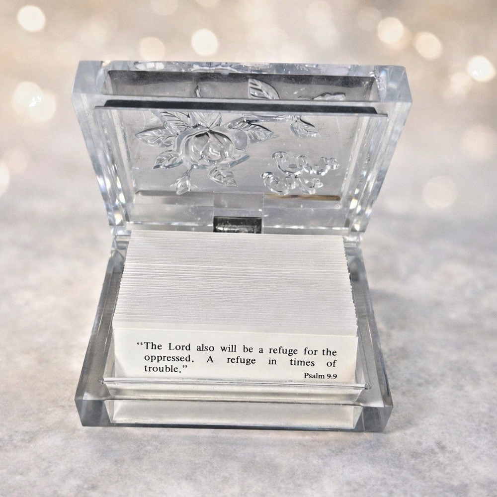Vintage Warner Press Lucite Scripture Box Clear Rose Floral Hong Kong Gifts